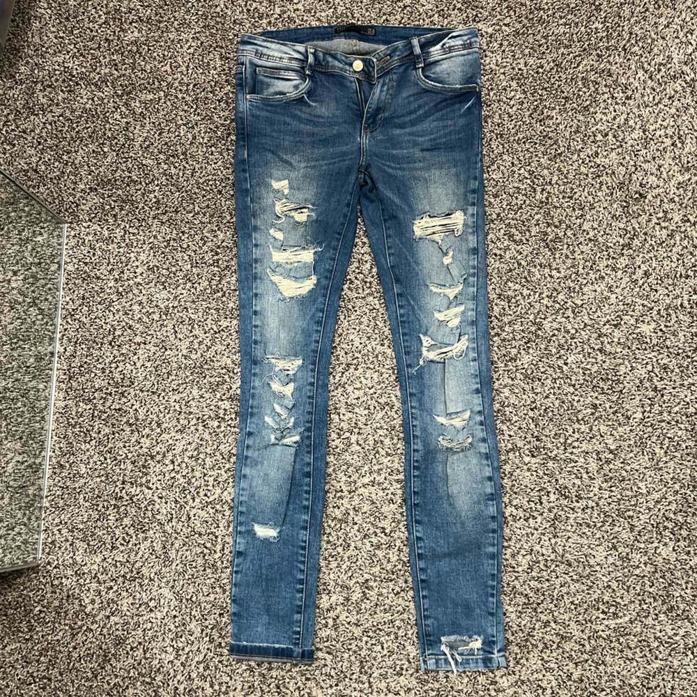Zara Trafaluc super high rise super skinny stretchy distressed jeans